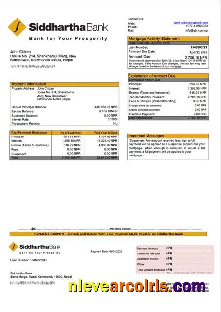 Nepal Siddhartha Bank mortgage statement Word and PDF template